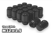 Load image into Gallery viewer, 16-Piece Set | 1.4” Tall | Black | 12x1.5 Thread | 3/4” Hex Drive | Bulge Acorn | Wheel Lug Nuts