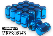 Load image into Gallery viewer, 16-Piece Set | 1.4” Tall | Blue | 12x1.5 Thread | 3/4” Hex Drive | Bulge Acorn | Wheel Lug Nuts