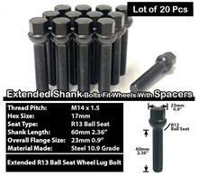 Load image into Gallery viewer, 20x Black 14x1.5 Ball Seat Extended Lug Bolts 60mm Shank Fit Mercedes Stock Rims
