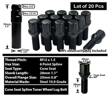 Load image into Gallery viewer, Black M12x1.5 Cone Seat Spline Lug Bolt 28mm Shank