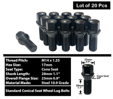 Load image into Gallery viewer, 20x Black M14x1.25 Cone Lug Bolt 28mm Shank 17mm Hex Fit BMW Mini G&F-Body Rim