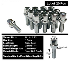 Load image into Gallery viewer, 20x Chrome M12x1.25 Cone Seat Lug Bolt 28mm Shank 17mm Hex Fit Cherokee Compass