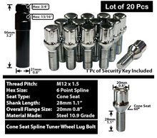Load image into Gallery viewer, Chrome M12x1.5 Cone Seat Spline Lug Bolt 28mm Shank