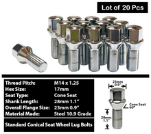 Load image into Gallery viewer, Chrome M14x1.25 Cone Lug Bolt 28mm Shank 17mm Hex