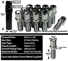 Load image into Gallery viewer, 20x Chrome M14x1.25 ConeSeat Spline Lug Bolt 28mm Shank Fit BMW Mini G&F-Body Rim