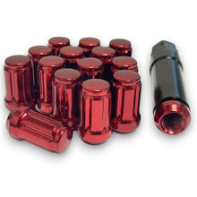 Load image into Gallery viewer, 24-Piece Set 1.4” Tall Red 12x1.5 Thread 6 Spline Tuner Locker Performance Wheel Lug Nuts Plus Security Socket