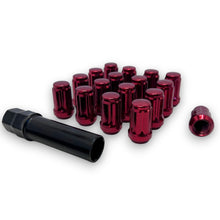 Load image into Gallery viewer, 24-Piece Set 1.4” Tall Red 12x1.5 Thread 6 Spline Tuner Locker Performance Wheel Lug Nuts Plus Security Socket