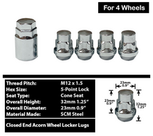 Load image into Gallery viewer, 4x Chrome 12x1.5 Cone Seat Anti-Theft Wheel Lock Lug Nut Set+Key Fit Honda, Acura, Chevy