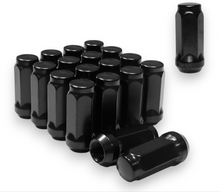 Load image into Gallery viewer, 32-Piece Set | 2” Tall | Black | 1/2-20 Thread | 3/4” Hex Drive | Bulge Acorn | Wheel Lug Nuts