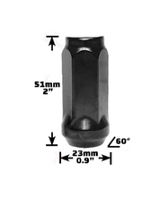 Load image into Gallery viewer, 32-Piece Set | 2” Tall | Black | 1/2-20 Thread | 3/4” Hex Drive | Bulge Acorn | Wheel Lug Nuts