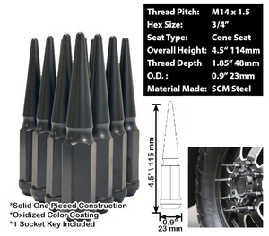 24PC 14X1.5 SPIKE LUG NUTS 4.5" + KEY [FIT: CHEVROLET]