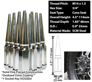 24PC 14X1.5 SPIKE LUG NUTS 4.5" + KEY [FIT: CHEVROLET]