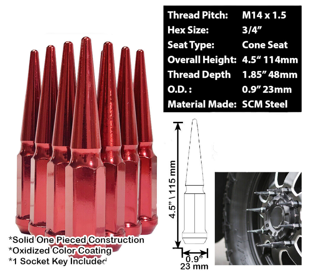 20 Red Spike Lug Nuts 1/2x20 For Chevy – 4.5" Spline With Safety Key Included