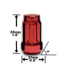 Load image into Gallery viewer, 24-Piece Set 1.4” Tall Red 12x1.5 Thread 6 Spline Tuner Locker Performance Wheel Lug Nuts Plus Security Socket
