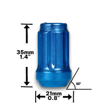 Load image into Gallery viewer, 24-Piece Set 1.4” Tall Blue 12x1.5 Thread 6 Spline Tuner Locker Performance Wheel Lug Nuts Plus Security Socket
