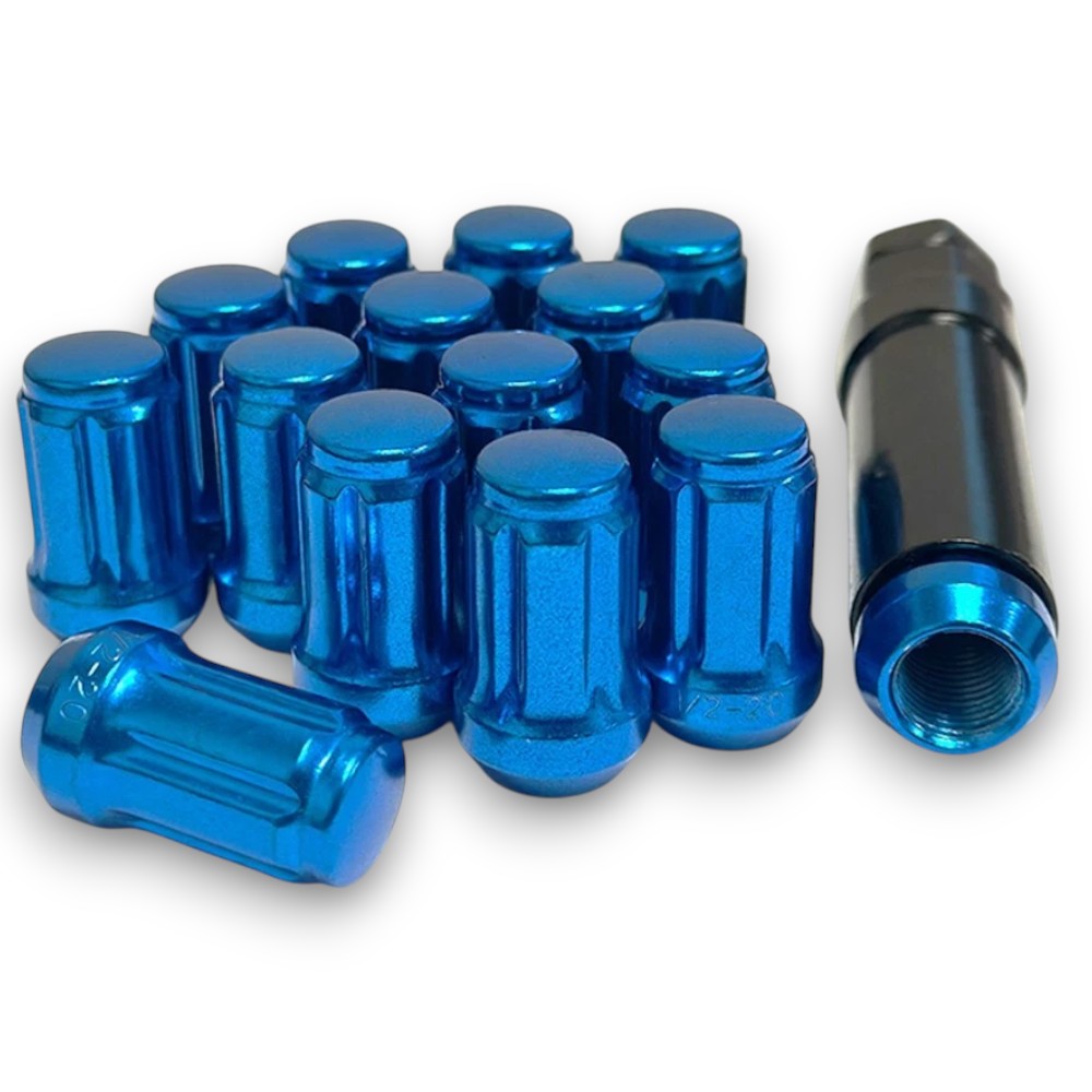 16-Piece Set 1.4” Tall Blue 12x1.5 Thread 6 Spline Tuner Locker Performance Wheel Lug Nuts Plus Security Socket