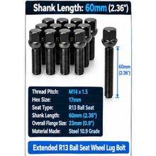 Load image into Gallery viewer, 20pcs M14x1.5 Black Ball Seat Extended Lug Bolts Fit Mercedes Stock Rims
