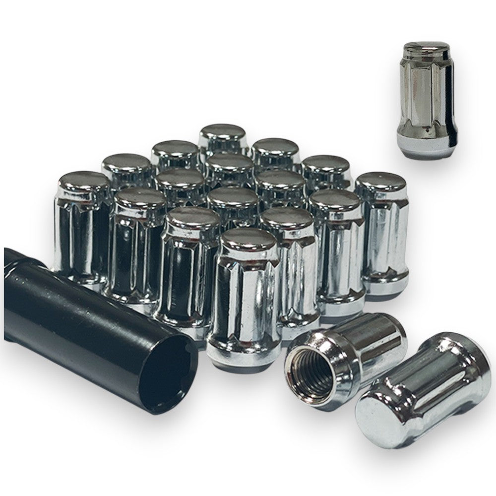 16-Piece Set 1.4” Tall Chrome 1/2-20 Thread 6 Spline Tuner Locker Performance Wheel Lug Nuts Plus Security Socket