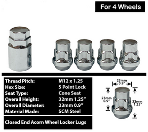 4x Chrome 12x1.25 Cone Seat Anti-Theft Wheel Lock Fits Nissan, Infiniti Aftermarket Rims