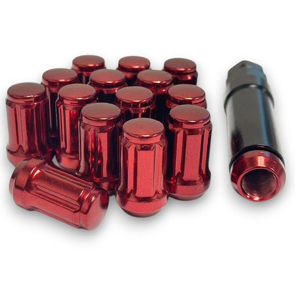 16-Piece Set 1.4” Tall Red 1/2-20 Thread 6 Spline Tuner Locker Performance Wheel Lug Nuts Plus Security Socket